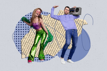 Exclusive artwork banner creative collage of two happy girl guy dance together date weekend...