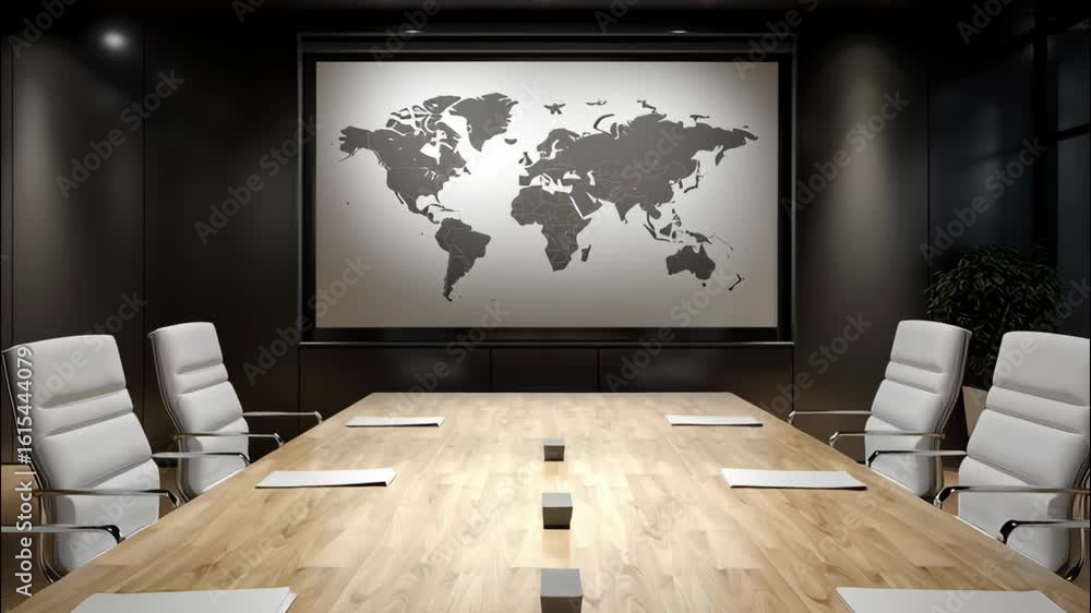 Poster subtle light patterns shift across world map in modern conference room setting