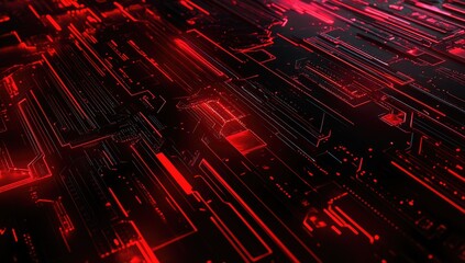 Abstract circuit board with glowing red lines.  Intricate network of glowing red and dark lines on a black surface.  3D rendering of a futuristic circuit design