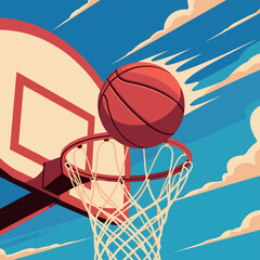 Basketball hoop and ball in action against a cloudy sky