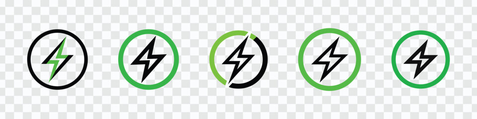 "Green and Black Lightning Bolt Icon Set - Energy and Power Symbols"