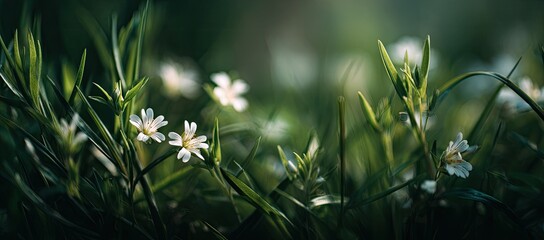 Delicate white flowers nestled in lush green grass