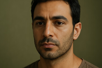 Obraz premium Serious young man with facial hair wearing a casual shirt, gazing forward against plain olive background in natural light