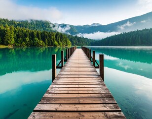 Obraz premium Wooden Pier Extending into Lake - Nature scene - greenery