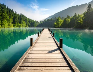 Naklejka premium Wooden Pier Extending into Lake - Nature scene - greenery