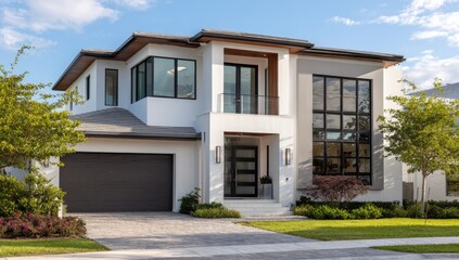 Modern, two-story home with white exterior, dark gray accents, and large windows