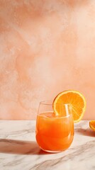 Refreshing orange juice drink on marble surface bright sunset vibe still life photography