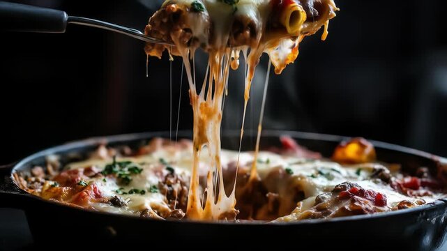 Close up of hot, cheesy baked ziti being lifted with a spatula. The dish is served in a cast iron pan against a dark background. Steam rises from the dish.