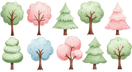 Fototapeta premium Watercolor illustration of various trees in pastel shades arranged on a white background
