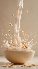 Milk poured over crunchy cereal in bowl kitchen food image bright top-down view breakfast delight