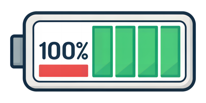 Battery Life Indicator: A graphic representation of a battery at 100% capacity, with a vibrant display of a fully charged level.