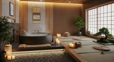 Luxurious traditional Japanese onsen spa interior with a steaming stone tub, tatami flooring, and ambient candlelight.