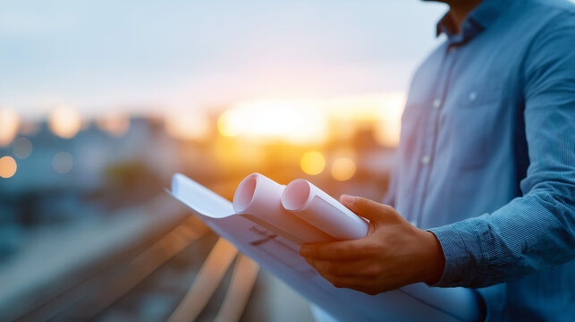 Double Exposure of Civil Engineer with Blueprints and Skyline