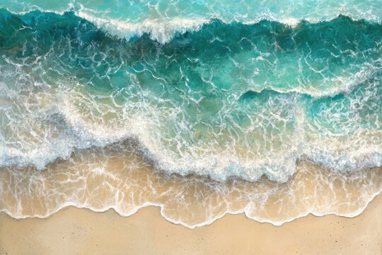 Aerial view of a beach, turquoise waves crashing on light beige sand