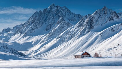Snowy mountain vista with chalet
