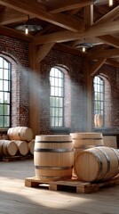 Sunlight filters through blinds in a vintage distillery room filled with wooden barrels, creating a serene and warm ambiance