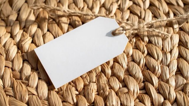 Blank White Tag on Woven Basket Texture, Ideal for Product Mockups and Crafting Videos