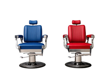 Two vintage barber chairs red and blue on transparent background
