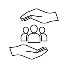 Community support icon with hands protecting a group of people representing employee care group insurance and human resource management line vector stroke