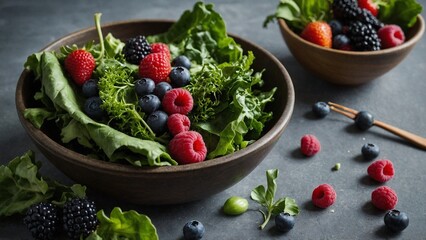 A serene image of an anti-inflammatory diet, featuring leafy greens, berries