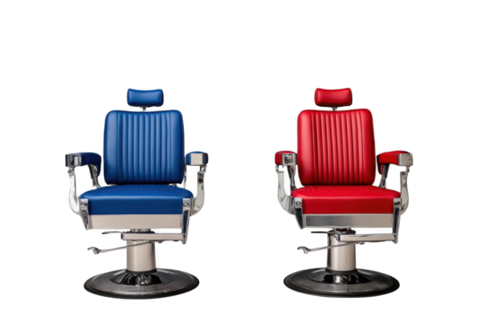 Two vintage barber chairs red and blue on transparent background