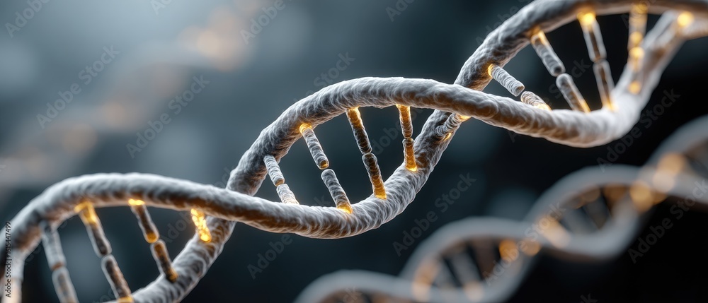 Poster close-up view of a dna double helix illuminated in soft blue tones, surrounded by cellular structure
