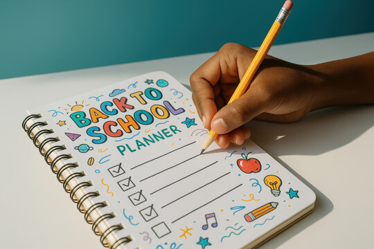 Student writing in colorful back to school planner with checklist and creative doodles under natural sunlight