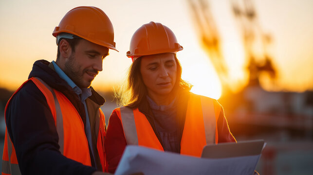 Civil Engineers Reviewing Blueprints at Sunrise Construction Site