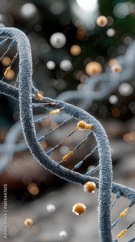 Poster close-up view of a dna double helix illuminated in soft blue tones, surrounded by cellular structure