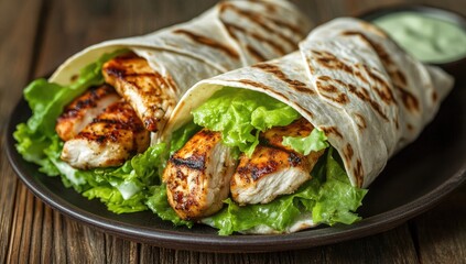 Two grilled chicken wraps, filled with lettuce, served on a dark plate, with a side of sauce