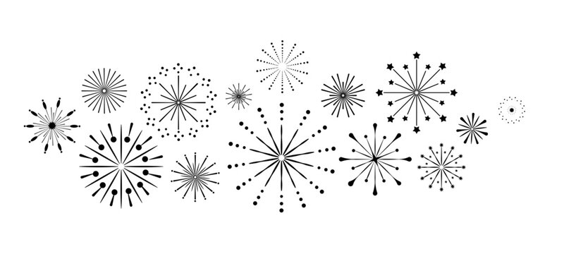 Retro Firework Burst Shapes Collection. Set of black retro firework burst shapes with radial symmetry including starbursts, dotted sunbursts, and abstract vintage explosion design. Vector illustration