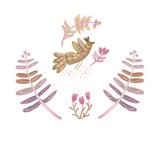 Obraz premium Folk art-inspired illustration featuring a whimsical bird with intricate patterns and delicate botanical elements in muted, earthy tones of pink, green, and brown. Perfect for nature, fantasy.
