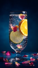Refreshing citrus sparkling drink with petals studio beverage photography dark blue background