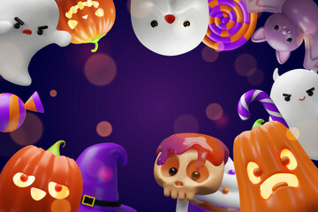 Festive 3D Halloween banner playful spooky characters, glowing candy. Ghosts, jack-o-lanterns, melting skull, colorful lollipops, a bat a vibrant frame. Party invitations, seasonal greetings, flyers.