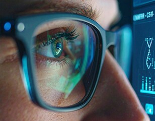 A scientist's eyes reflecting a CRISPR gene-editing interface. A concept for the future of genetic engineering.