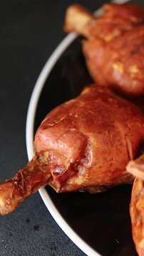 Schweinshaxe smoked meat cooked ham roulka Knuckle fresh shank delicious gourmet food background on the table rustic food top view copy space