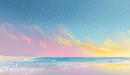 Pastel beach at sunrise, starry sky