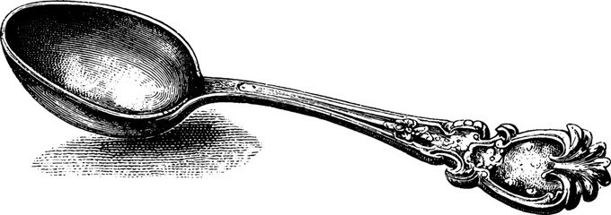 Vintage engraved spoon on window sill - retro kitchen utensil design for print and decor