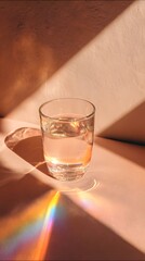 Still life perspective glass of water casting rainbow light on a bright simple table setting