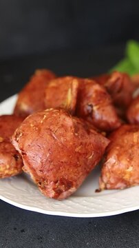 Schweinshaxe smoked meat cooked ham roulka Knuckle fresh shank delicious gourmet food background on the table rustic food top view copy space