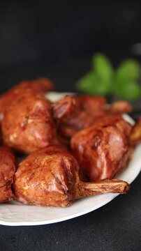 Schweinshaxe smoked meat cooked ham roulka Knuckle fresh shank delicious gourmet food background on the table rustic food top view copy space