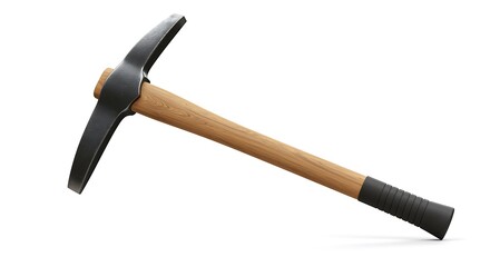 A close up shot of a pickaxe with a wooden handle and a black rubber grip on a white background