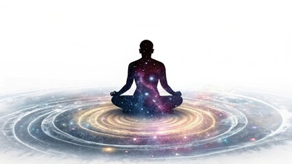 Silhouette of a person meditating with a galaxy inside and a galaxy swirling around them