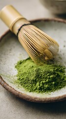 Whisking matcha powder culinary art and japanese tea ceremony in minimalist kitchen
