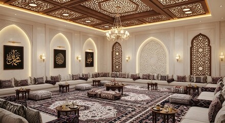Elegant Arabic majlis interior with traditional seating, ornate wooden ceiling, and Islamic calligraphy.