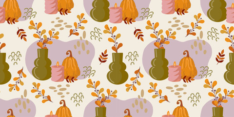 Autumn seamless pattern featuring fall themed composition: olive vase with leaves, candle, and pumpkin on light background. Great for fall design, textile prints, wrapping paper