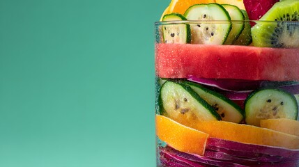 Refreshing fruit and vegetable layers in glass kitchen setting food art colorful display