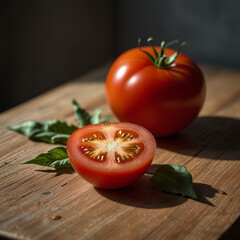 Ripe tomatoes on rustic wooden table