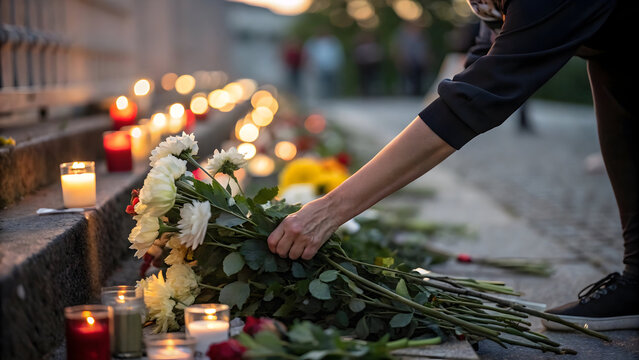 Person places white flowers beside glowing candles honoring memory in solemn tribute