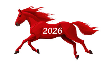 Red horse running with 2026 sign: symbol of upcoming year on transparent background